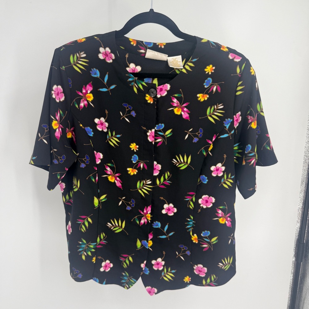 Christie & Jill VTG Black Tropical Floral Button Front Blouse 16W Shoulder Pads